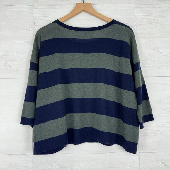 Autumn Cashmere 100% Cashmere Sweater L Striped Navy Green Boxy Drop Shoulder - Picture 5 of 12